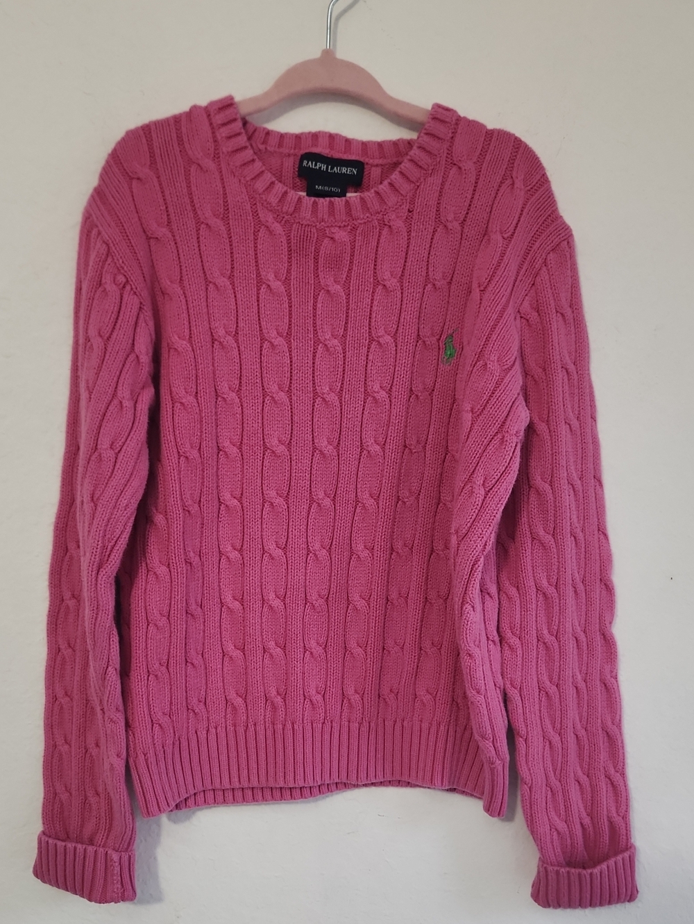 Ralph Lauren Pink Cable Knit 100% Cotton Crewneck Sweater 8/10 Preppy Old Money